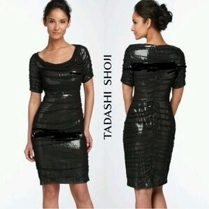 Tadashi Shoji Womens Black Sheer Ruched Silver Sequin Bodycon Dress Sz 6P Petite